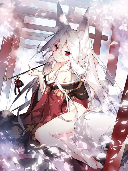 Anime picture 1370x1830 with shadowverse saru (longbb) single long hair tall image looking at viewer fringe light erotic hair between eyes red eyes sitting bare shoulders holding animal ears white hair tail nail polish traditional clothes animal tail barefoot