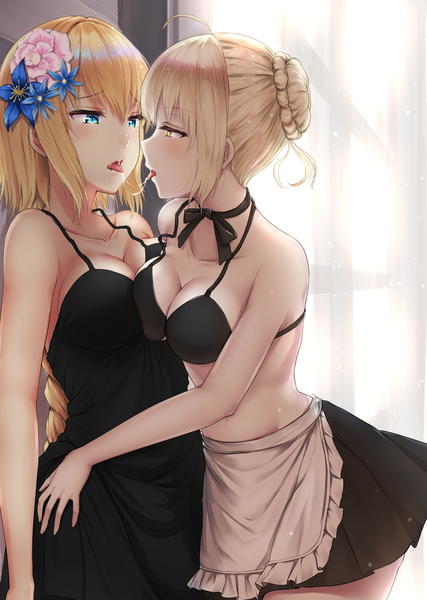 Anime-Bild 2196x3083 mit fate (series) fate/grand order artoria pendragon (all) jeanne d'arc (fate) (all) saber alter artoria pendragon (alter swimsuit rider) (fate) jeanne d'arc (formal dress) (fate) primamiya long hair tall image blush highres short hair breasts blue eyes light erotic blonde hair bare shoulders multiple girls yellow eyes