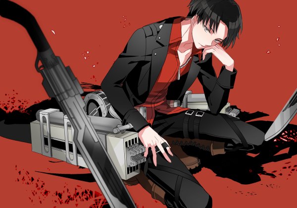 Anime picture 1200x840 with shingeki no kyojin production i.g levi (rivaille) michi (iawei) single short hair black hair simple background arm support grey eyes red background boy weapon sword boots belt