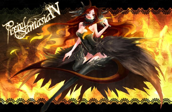 Anime picture 2000x1300 with pixiv fantasia iv sasama keiji single long hair looking at viewer highres open mouth brown hair red hair tail horn (horns) orange eyes demon girl demon girl thighhighs black thighhighs choker fire corset