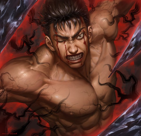 Anime picture 1235x1200 with berserk guts renyu1012 single looking at viewer short hair black hair upper body one eye closed realistic spread arms scar topless muscle angry clenched teeth abs boy blood