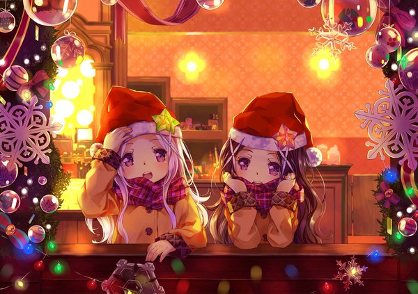 Anime picture 1754x1239 with original 54hao long hair looking at viewer blush fringe highres open mouth smile brown hair purple eyes multiple girls upper body white hair indoors long sleeves :d arm up christmas plaid