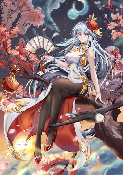 Anime picture 2016x2853 with azur lane enterprise (azur lane) enterprise (blooming peony) (azur lane) sabou san-shitsu kokoro single long hair tall image looking at viewer fringe highres breasts blue eyes sitting holding sky silver hair cloud (clouds) full body bent knee (knees) outdoors