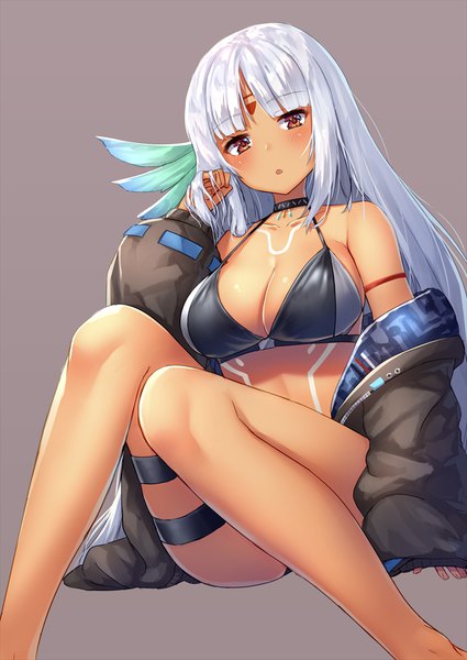 Anime picture 708x1000 with azur lane massachusetts (azur lane) pensuke single long hair tall image looking at viewer blush open mouth light erotic simple background red eyes sitting payot cleavage silver hair off shoulder :o dark skin adjusting hair