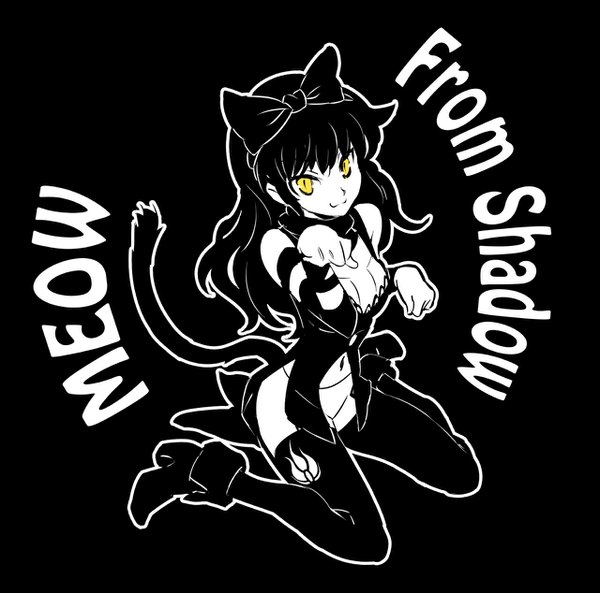 Anime picture 1280x1267 with rwby rooster teeth blake belladonna iesupa single long hair looking at viewer light erotic black hair sitting yellow eyes full body tail animal tail cat girl cat tail text black background wariza monochrome