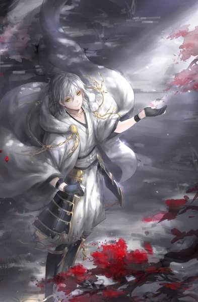 Anime picture 3500x5343 with touken ranbu nitroplus tsurumaru kuninaga noodles (artist) single tall image looking at viewer fringe highres short hair smile standing yellow eyes absurdres silver hair from above wind outstretched arm light boy