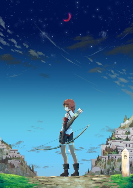 Anime picture 1403x1984 with hai to gensou no grimgar a-1 pictures yume (grimgar) lynx (artist) single long hair tall image looking at viewer fringe red eyes standing bare shoulders holding payot sky cloud (clouds) braid (braids) profile looking back light smile