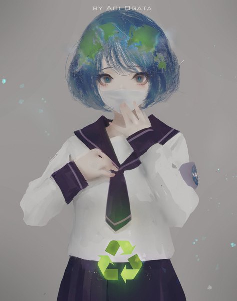 Anime picture 1333x1689 with original nasa earth-chan aoi ogata single tall image looking at viewer short hair simple background signed blue hair upper body black eyes grey background hand on chest hand to mouth girl uniform serafuku surgical mask