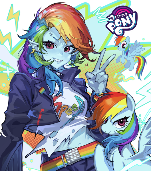 Anime picture 4100x4650 with my little pony rainbow dash mato-c single long hair tall image looking at viewer blush highres blonde hair smile blue hair absurdres purple hair red hair long sleeves pink eyes multicolored hair green hair pointy ears