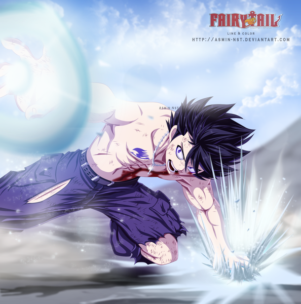 Anime picture 1741x1761 with fairy tail gray fullbuster iitheluciferii single tall image highres short hair open mouth black hair purple eyes sky cloud (clouds) inscription tattoo copyright name coloring torn clothes magic muscle angry