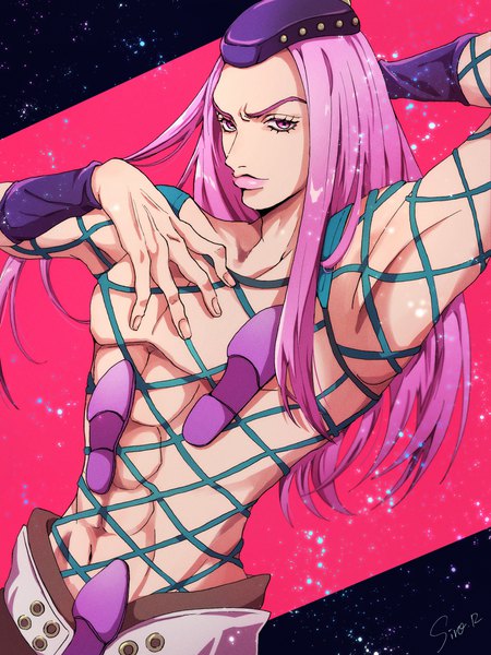 Anime picture 2700x3600 with jojo no kimyou na bouken narciso anasui siroraku single long hair tall image looking at viewer highres pink hair upper body pink eyes lips armpit (armpits) arm behind head muscle abs boy hat