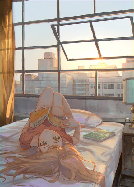 Anime picture 1200x1670 with original sho (shoichi-kokubun) single long hair tall image blush fringe brown hair green eyes sky full body bent knee (knees) indoors lying sunlight shadow short sleeves on back city cityscape