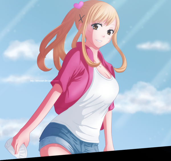 Anime picture 1000x939 with yamada-kun to 7-nin no majo lidenfilms shiraishi urara zeroooart single long hair blonde hair smile brown eyes sky cloud (clouds) ponytail coloring girl hair ornament shorts hairclip x hair ornament