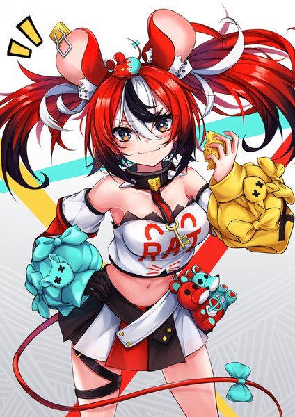 Anime picture 1323x1871 with virtual youtuber hololive hololive english hakos baelz mr. squeaks (hakos baelz) n15e single long hair tall image looking at viewer fringe blue eyes hair between eyes twintails animal ears red hair tail animal tail pleated skirt multicolored hair