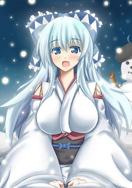 Anime picture 1000x1414 with hasaya single long hair tall image blush breasts open mouth blue eyes light erotic large breasts blue hair ahoge traditional clothes embarrassed snowing winter girl bow hair bow snowman
