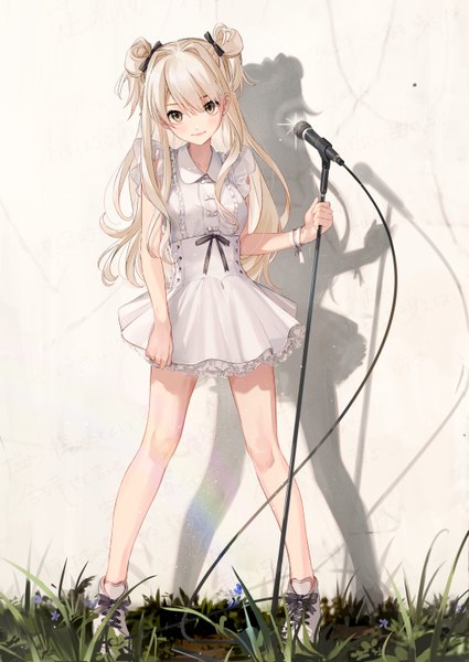 Anime picture 4299x6070 with original almic single long hair tall image looking at viewer fringe highres blonde hair hair between eyes standing brown eyes absurdres full body outdoors shadow hair bun (hair buns) sleeveless girl skirt