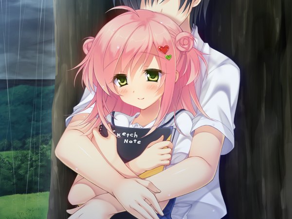 Anime picture 1680x1260 with sakura no reply tsukimori chiyoko blush short hair green eyes pink hair game cg hug rain girl boy
