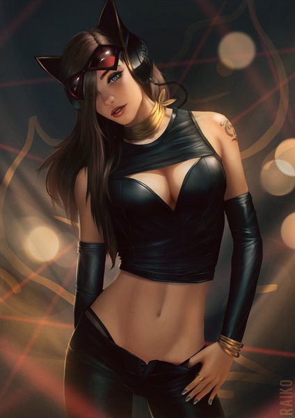 Anime picture 954x1350 with batman dc comics cat woman raikoart single long hair tall image looking at viewer fringe breasts blue eyes light erotic brown hair standing bare shoulders signed animal ears nail polish parted lips head tilt