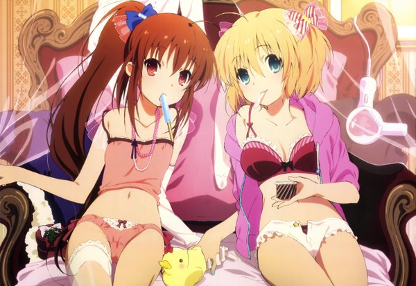 Anime picture 5922x4077 with little busters! key (studio) megami magazine natsume rin kamikita komari long hair highres short hair blue eyes light erotic blonde hair red eyes brown hair multiple girls absurdres ponytail official art two side up underwear only girl