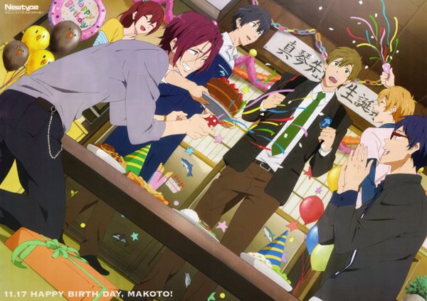 Anime picture 5000x3533 with free! kyoto animation newtype matsuoka rin nanase haruka (free!) tachibana makoto matsuoka gou hazuki nagisa ryugazaki rei long hair highres short hair open mouth blue eyes black hair blonde hair green eyes looking away pink hair absurdres