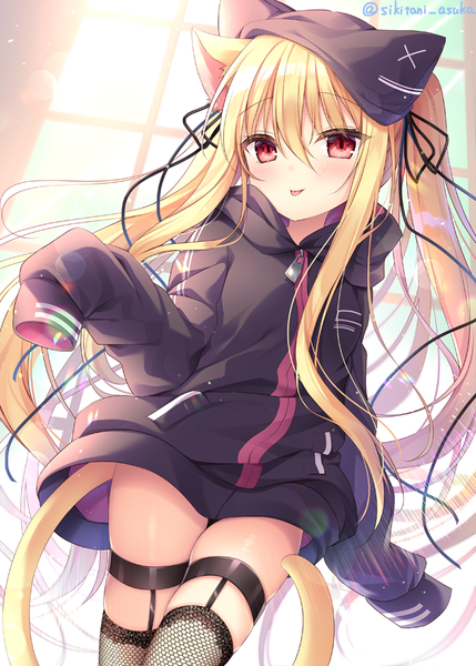 Anime picture 650x909 with original shikitani asuka single long hair tall image looking at viewer blush fringe blonde hair hair between eyes red eyes standing twintails signed animal ears tail long sleeves animal tail wind cat ears