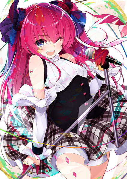 Anime picture 636x900 with fate (series) fate/extra fate/extra ccc elizabeth bathory (fate) (all) elizabeth bathory (fate) netarou single long hair tall image looking at viewer blush fringe open mouth blue eyes smile hair between eyes bare shoulders holding pink hair one eye closed