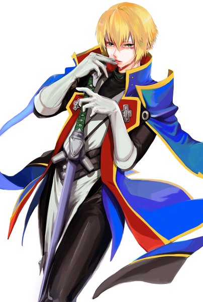 Anime picture 1347x2000 with blazblue jin kisaragi koudaii single tall image short hair blonde hair simple background white background green eyes tears finger to mouth crying boy gloves uniform weapon sword