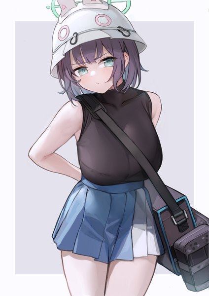 Anime picture 2894x4093 with blue archive saki (blue archive) nagata gata single tall image highres short hair breasts light erotic large breasts purple hair pleated skirt aqua eyes sleeveless border hands behind back outside border girl skirt hat