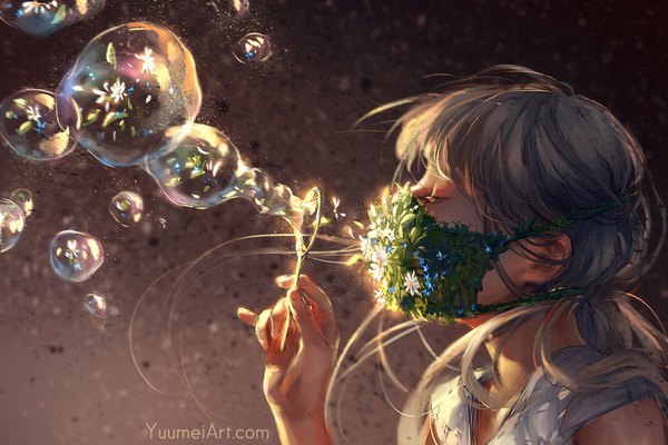 Anime picture 2025x1350 with original yuumei single long hair fringe highres holding signed eyes closed profile grey hair short sleeves glow bubble blowing coronavirus pandemic girl bubble (bubbles) surgical mask