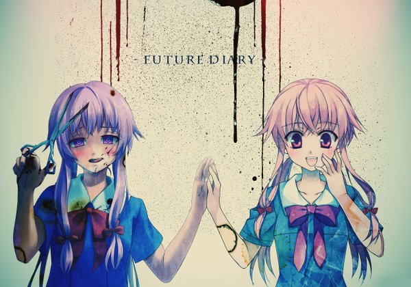 Anime picture 2500x1750 with mirai nikki gasai yuno kodamasawa izumi long hair looking at viewer blush fringe highres open mouth simple background smile red eyes purple eyes multiple girls pink hair purple hair inscription grey background short sleeves licking