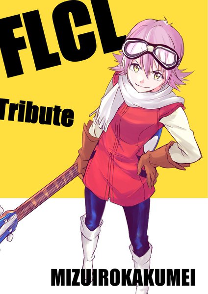 Anime picture 848x1200 with flcl gainax haruhara haruko matsuse daichi single tall image looking at viewer fringe short hair smile hair between eyes holding yellow eyes pink hair from above copyright name hand on hip goggles on head girl gloves