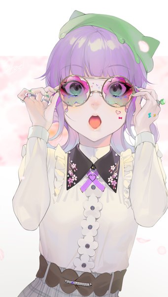 Anime picture 1164x2048 with shining star tagme (character) ohisashiburi single tall image looking at viewer blush fringe short hair open mouth simple background standing white background green eyes purple hair upper body blunt bangs nail polish floral print drill hair