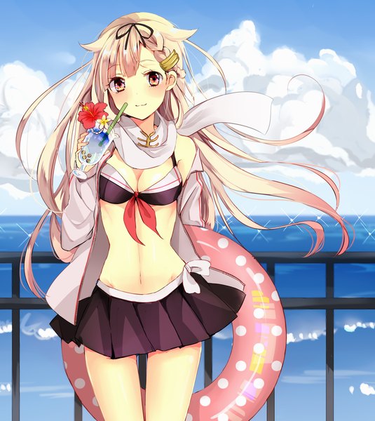 Anime picture 2060x2309 with kantai collection yuudachi destroyer kona (mmm) single long hair tall image looking at viewer blush highres breasts blonde hair smile red eyes holding pink hair sky cloud (clouds) braid (braids) multicolored hair two-tone hair