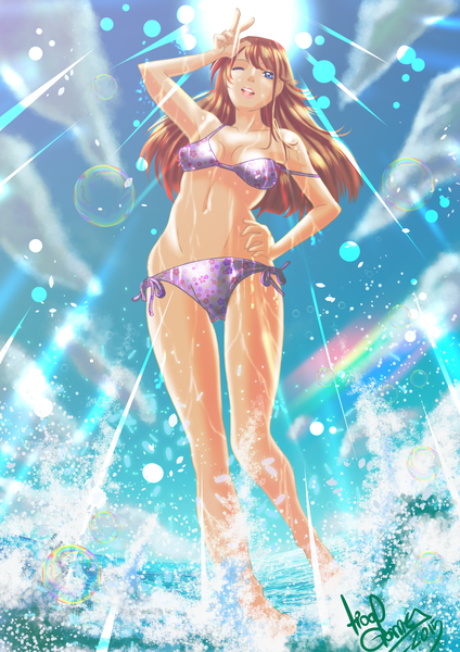 Anime picture 2480x3508 with original odzigner single long hair tall image looking at viewer highres open mouth blue eyes light erotic brown hair sky cloud (clouds) bent knee (knees) one eye closed wink off shoulder from below legs hand on hip