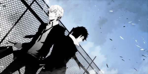 Anime picture 1200x600 with durarara!! brains base (studio) orihara izaya heiwajima shizuo pizaya short hair black hair blonde hair wide image sky looking back from behind smoke open collar hand in pocket smoking back to back boy weapon glasses