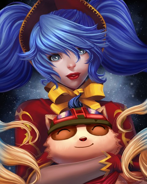 Anime picture 1280x1600 with league of legends sona buvelle teemo (league of legends) cmorilla (artist) long hair tall image looking at viewer smile twintails eyes closed multicolored hair lips two-tone hair silver eyes girl hat goggles