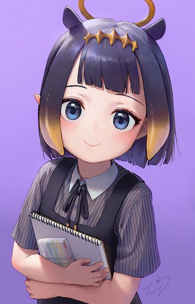 Anime picture 1000x1556 with virtual youtuber hololive hololive english ninomae ina'nis ninomae ina'nis (2nd costume) nyamunyamu single tall image looking at viewer blush fringe short hair blue eyes black hair simple background smile signed animal ears upper body blunt bangs