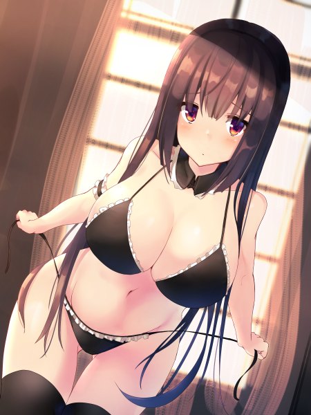 Anime picture 1800x2400 with original liya single long hair tall image looking at viewer blush fringe highres breasts light erotic hair between eyes brown hair large breasts standing bare shoulders yellow eyes payot indoors parted lips