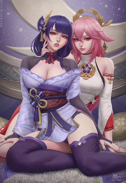 Anime picture 2064x3000 with genshin impact raiden shogun yae miko sciamano240 long hair tall image looking at viewer blush fringe highres breasts light erotic smile hair between eyes large breasts sitting purple eyes bare shoulders multiple girls signed