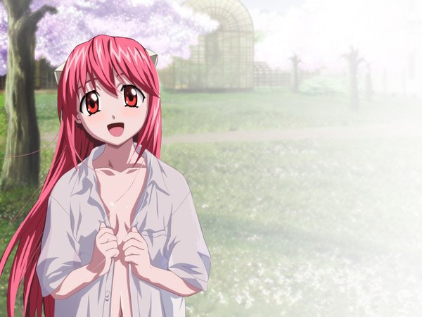 Anime picture 1600x1200 with elfen lied arms corporation lucy single long hair looking at viewer open mouth light erotic smile red eyes pink hair horn (horns) open clothes open shirt happy partial nude girl navel plant (plants) shirt