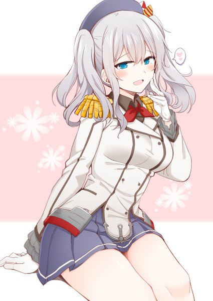 Anime picture 860x1214 with kantai collection kashima training cruiser rui shi (rayze ray) single long hair tall image looking at viewer blush fringe breasts open mouth blue eyes hair between eyes large breasts white background sitting twintails payot silver hair head tilt