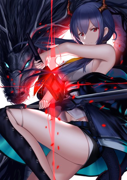 Anime picture 2894x4093 with arknights ch'en (arknights) an yasuri single long hair tall image looking at viewer fringe highres breasts light erotic hair between eyes red eyes standing twintails holding blue hair tail horn (horns) sideboob