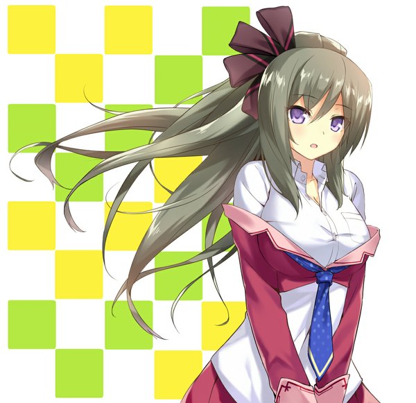 Anime picture 1000x969 with original cccpo single looking at viewer blush breasts open mouth simple background large breasts purple eyes green hair checkered background girl bow hair bow necktie