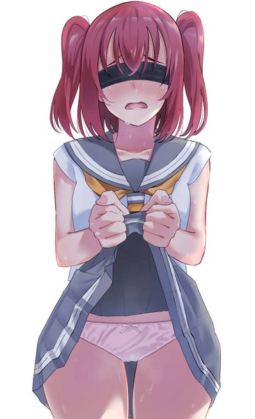 Anime picture 1000x1637 with love live! sunshine!! sunrise (studio) love live! kurosawa ruby igarashi kyouhei single tall image blush fringe open mouth light erotic simple background hair between eyes standing white background holding red hair pleated skirt arms up short sleeves