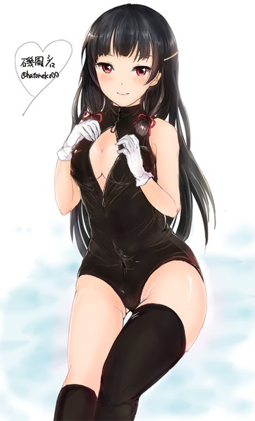 Anime picture 500x824 with kantai collection isokaze destroyer hatoneko single long hair tall image looking at viewer blush fringe breasts light erotic black hair simple background red eyes white background signed light smile shiny skin alternate hairstyle tress ribbon