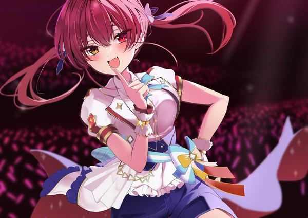 Anime picture 2048x1448 with virtual youtuber hololive houshou marine yoshioka pochi single long hair blush fringe highres open mouth hair between eyes twintails red hair :d puffy sleeves hand on hip heterochromia official alternate costume finger to mouth concert