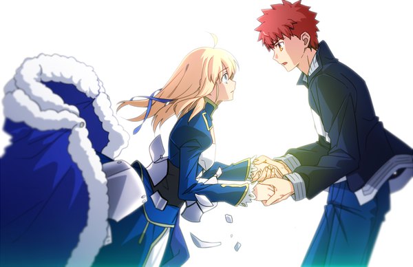 Anime picture 1000x647 with fate (series) fate/stay night artoria pendragon (all) saber emiya shirou sen (77nuvola) long hair short hair open mouth blue eyes simple background blonde hair standing white background ahoge red hair long sleeves profile open jacket orange eyes