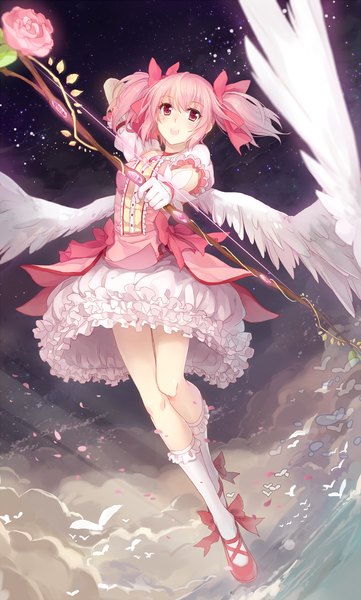 Anime picture 800x1330 with mahou shoujo madoka magica shaft (studio) kaname madoka kyurin (sunnydelight) single tall image blush short hair open mouth red eyes twintails pink hair short twintails girl dress gloves flower (flowers) bow weapon hair bow