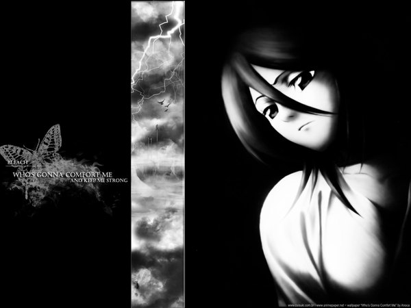 Anime picture 1600x1200 with bleach studio pierrot kuchiki rukia fringe hair between eyes signed copyright name black background monochrome third-party edit girl