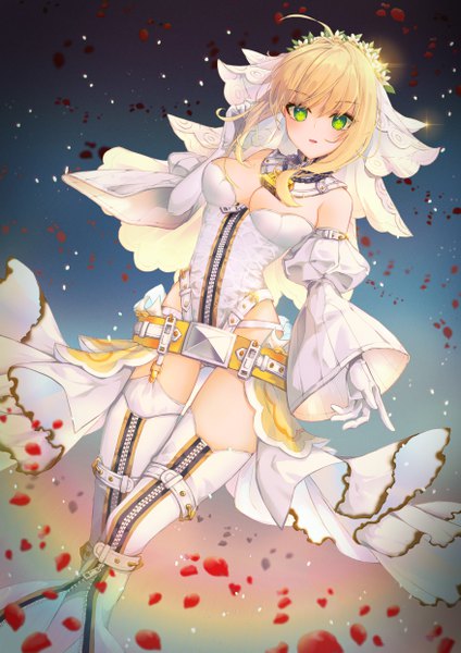 Anime picture 3508x4961 with fate (series) fate/extra fate/extra ccc nero claudius (fate) (all) nero claudius (bride) (fate) jii dayday single tall image looking at viewer blush fringe highres short hair breasts open mouth light erotic blonde hair smile hair between eyes standing